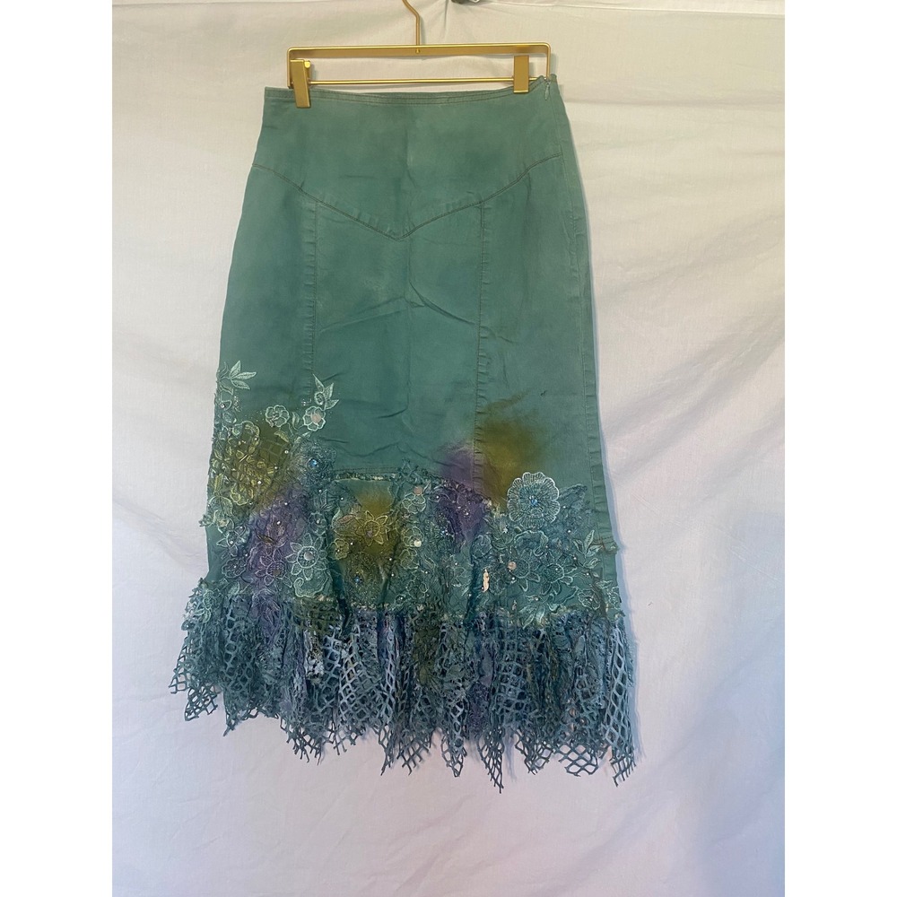 Bohemian TealFloral Lace Applique Midi‎ Skirt SequinCrochetHem Size S #fairycore